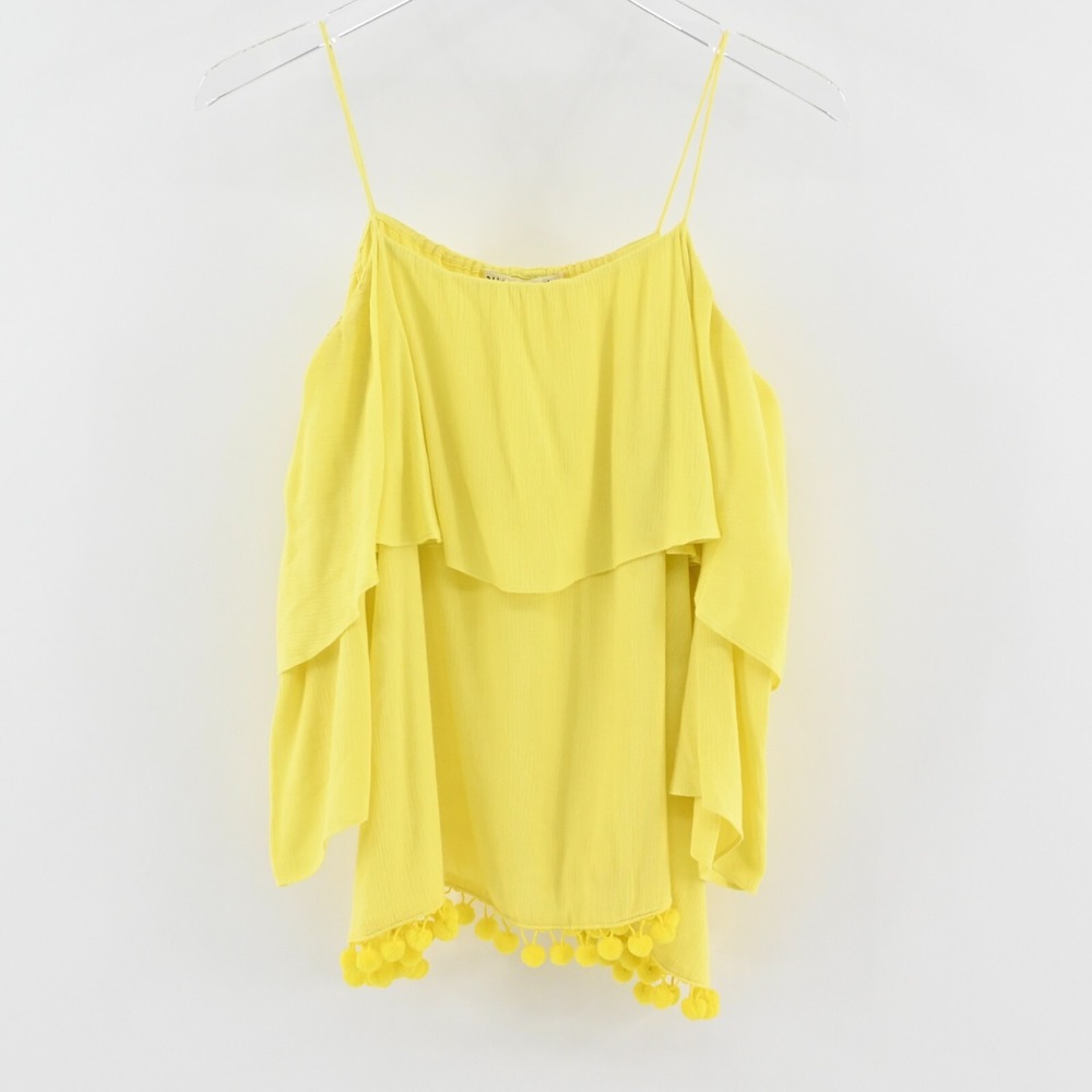 ALICE OLIVIA Womens Meagan Top Size S Yellow Cold Shoulder Pom Pom Trim‎ Blouse